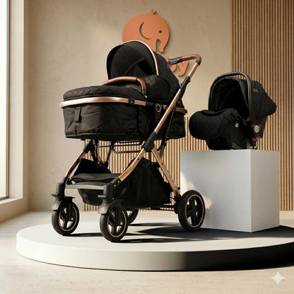Combo Travel System Atenea 3 en 1: Coche Moisés, Silla de Carro y Estructura Rose Gold con Textura Quilt Deluxe