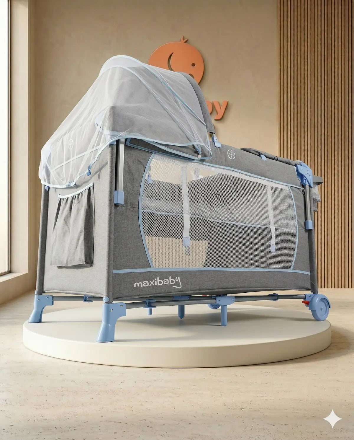 Corral Cuna Smart 4 en 1: Sistema Mecedora, Centro de Cuidado con Cambiador, Mosquitero y Organizador Lateral Pro