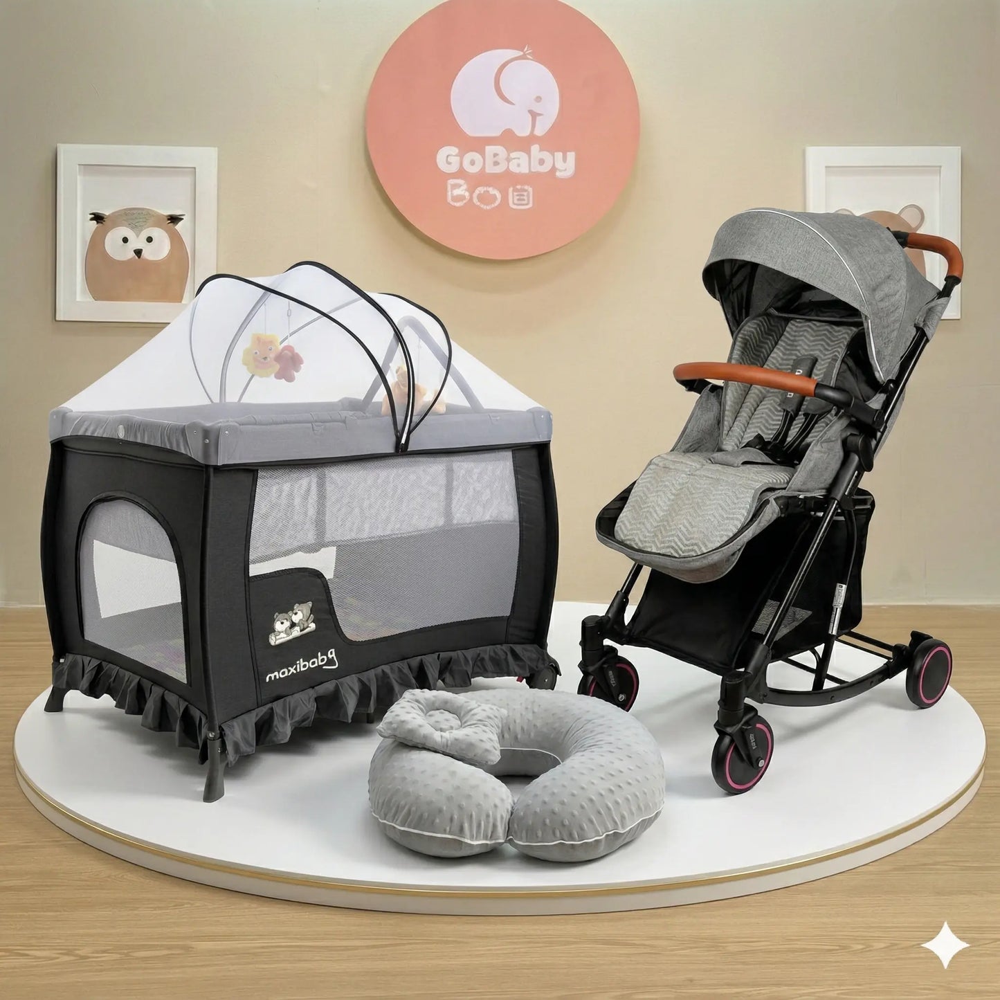 Combo Atlanta Maxibaby 3-en-1: El Único Coche Mecedora del Mercado + Corral Camping y Cojín de Lactancia