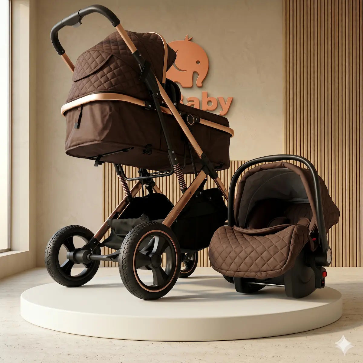 Combo Travel System Atenea 3 en 1: Coche Moisés, Silla de Carro y Estructura Rose Gold con Textura Quilt Deluxe