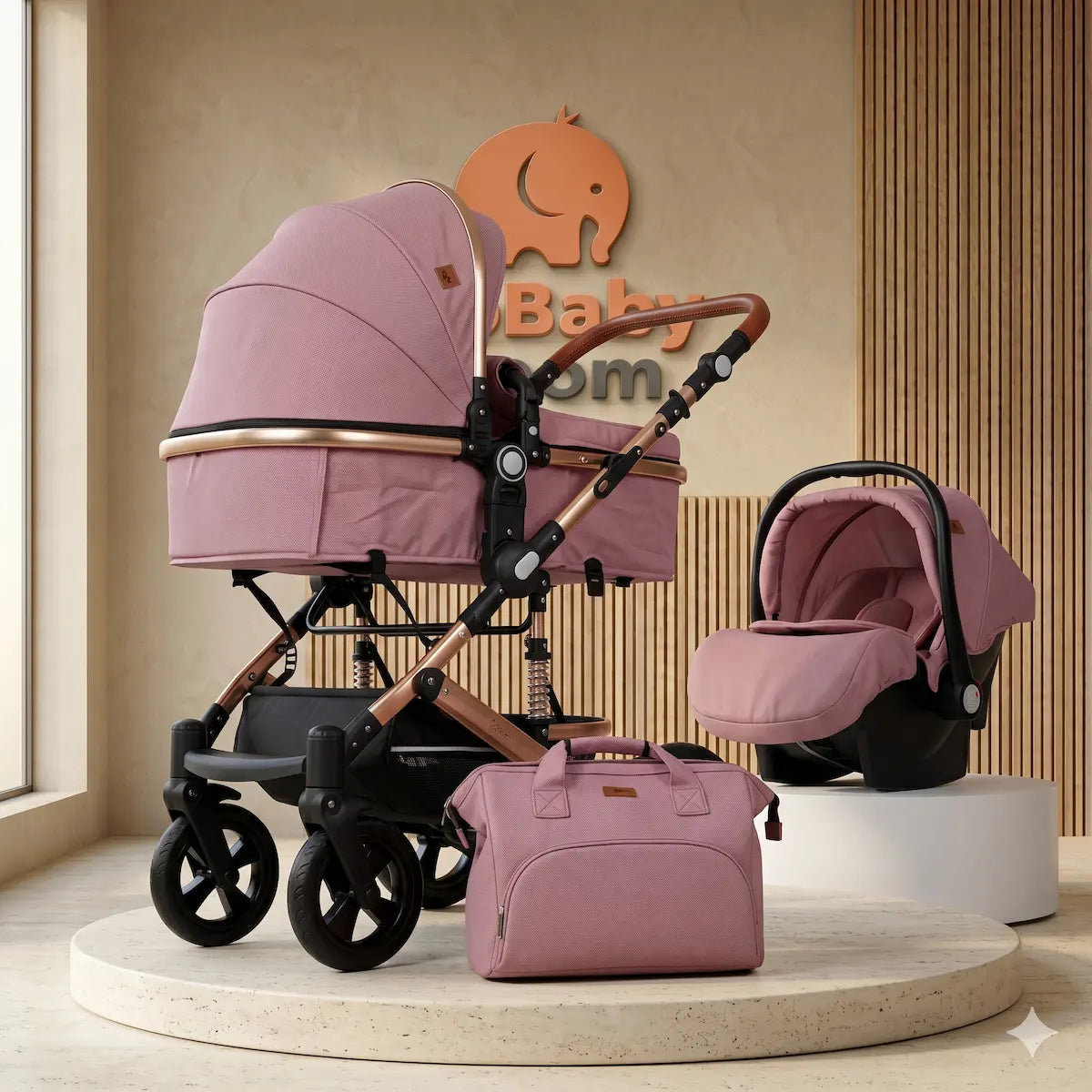 Combo Travel System Bunny 3 en 1: Coche Moisés, Silla de Carro y Paseador con Doble Amortiguación y Giro 180°