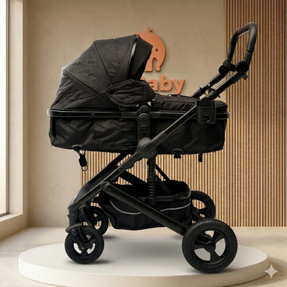 Coche Moisés Roma 2 en 1: Todoterreno Negro Mate con Suspensión Reforzada, Textura Quilt y Chasis de Alta Capacidad