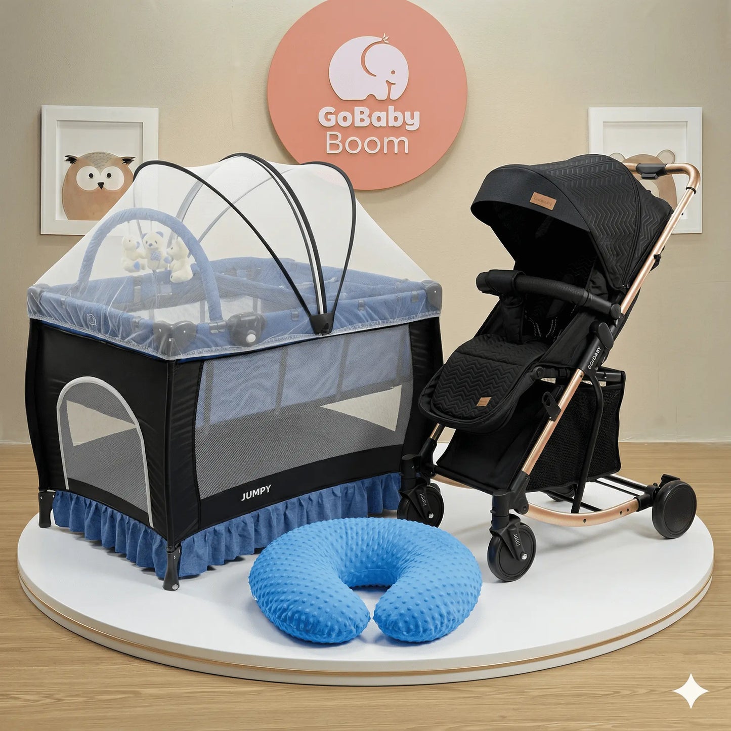 Combo Atlanta Maxibaby 3-en-1: El Único Coche Mecedora del Mercado + Corral Camping y Cojín de Lactancia