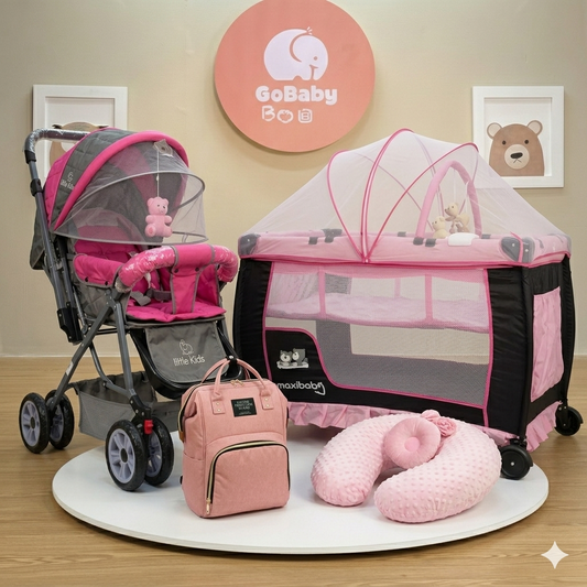 Combo Baby Star 4-en-1: Coche Paseador Tradicional, Corral Camping, Cojín y Pañalera