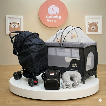 Combo Baby Star 4-en-1: Coche Paseador Tradicional, Corral Camping, Cojín y Pañalera