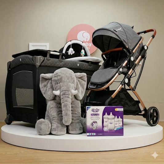 Kit Small Baby: Combo Premium de Coche Moisés, Corral Versátil, Elefante Antirreflujo y Set de Teteros