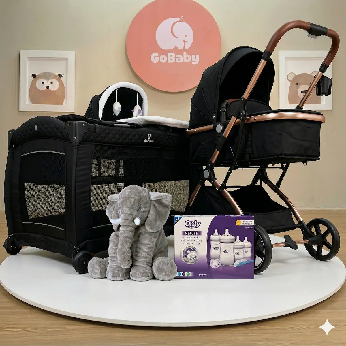 Kit Small Baby: Combo Premium de Coche Moisés, Corral Versátil, Elefante Antirreflujo y Set de Teteros