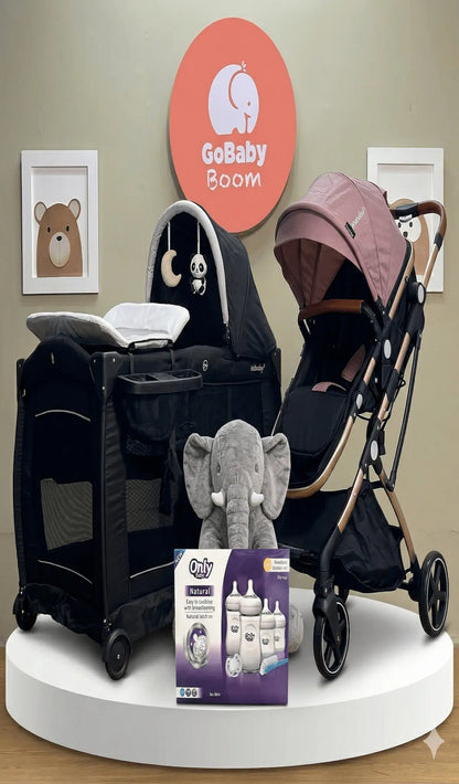 Kit Small Baby: Combo Premium de Coche Moisés, Corral Versátil, Elefante Antirreflujo y Set de Teteros